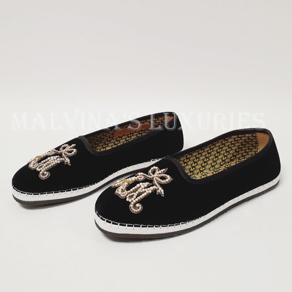 GUCCI SHOES BLACK VELVET MOCCASIN LOAFERS PEARL AM APPLIQUE FLATS sz 36.5 6.5 - Picture 5 of 12